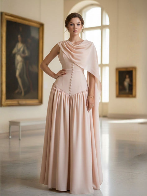 50s dress long sleeve Beige 1950s Draped Renaissance Maxi YGroup_sandrine Bust 38 3/4 (99 Size:4 years Special Occasion Dresses Ball