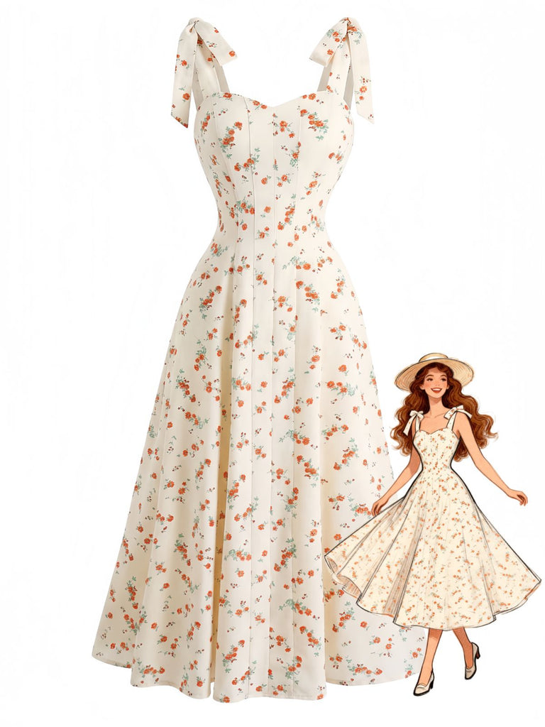 Beige 1950s Ditsy Floral Tie Strap Sweetheart Neck Dress | Retro Stage Beige 1950s Ditsy Floral Tie Strap Sweetheart Neck Dress | Retro Stage