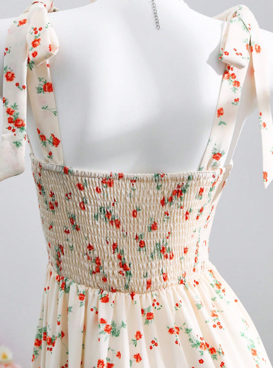 Beige 1950s Floral Print Tie Strap Sweetheart Neck Dress - vintage dress, retro fashion, rockabilly