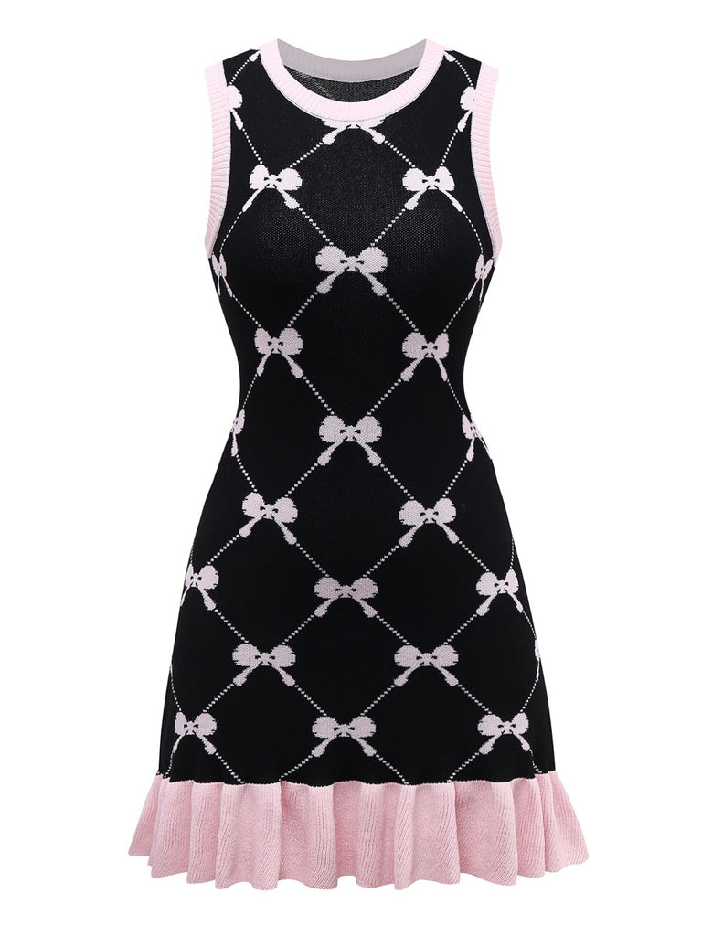 Black 1950s Bow Print Sleeveless Knit Ruffled Dress - vintage dress, retro fashion, rockabilly