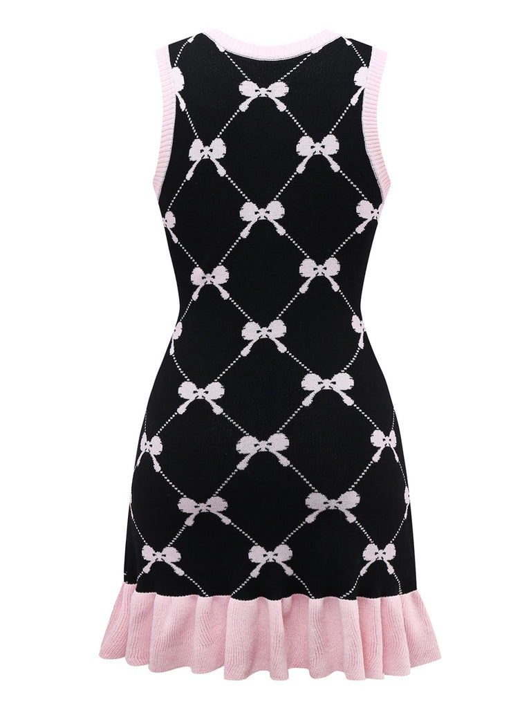 Black 1950s Bow Print Sleeveless Knit Ruffled Dress - vintage dress, retro fashion, rockabilly