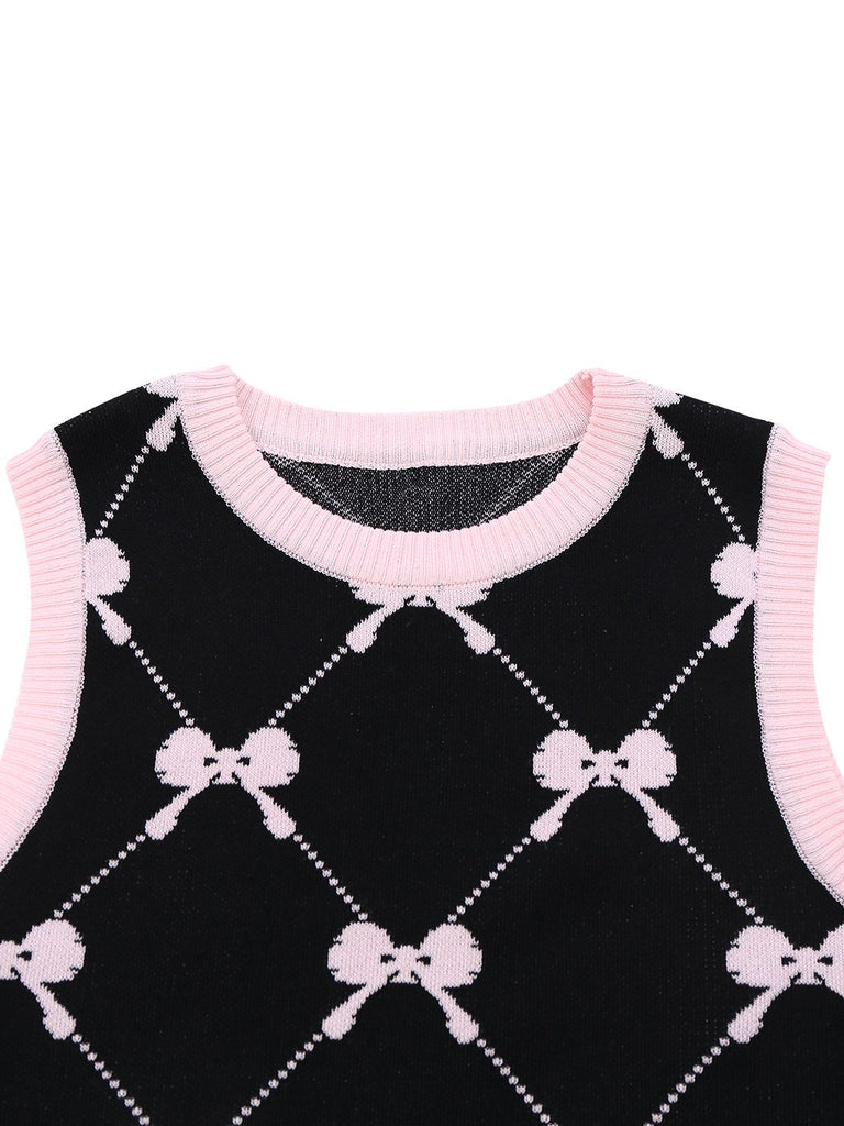 Black 1950s Bow Print Sleeveless Knit Ruffled Dress - vintage dress, retro fashion, rockabilly