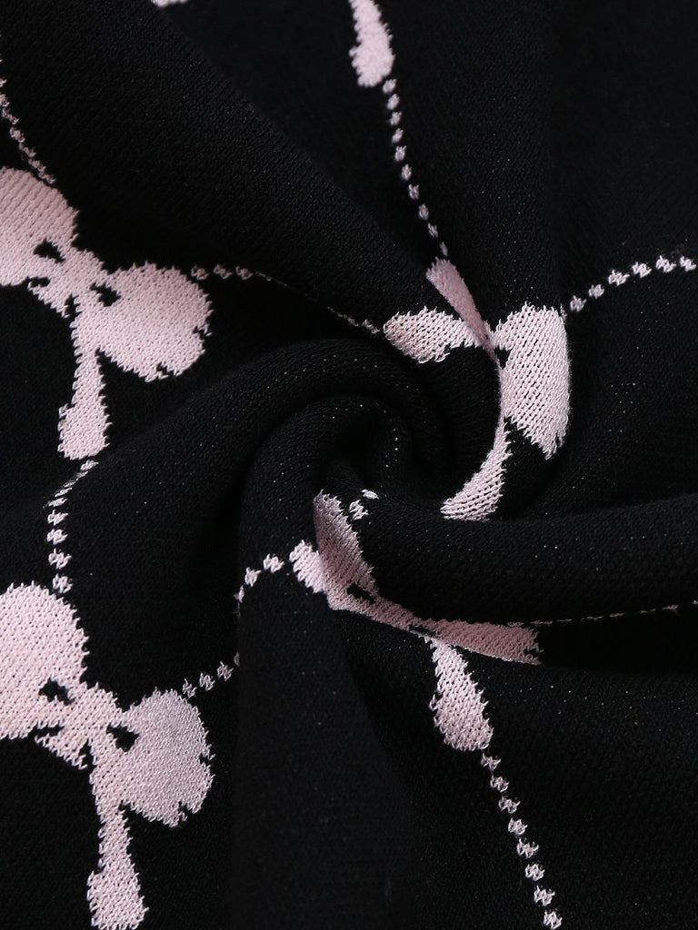 Black 1950s Bow Print Sleeveless Knit Ruffled Dress - vintage dress, retro fashion, rockabilly