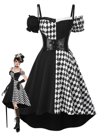 Black 1950s Halloween Harlequin Pattern Dress & Leather Corset - vintage dress, retro fashion, rockabilly