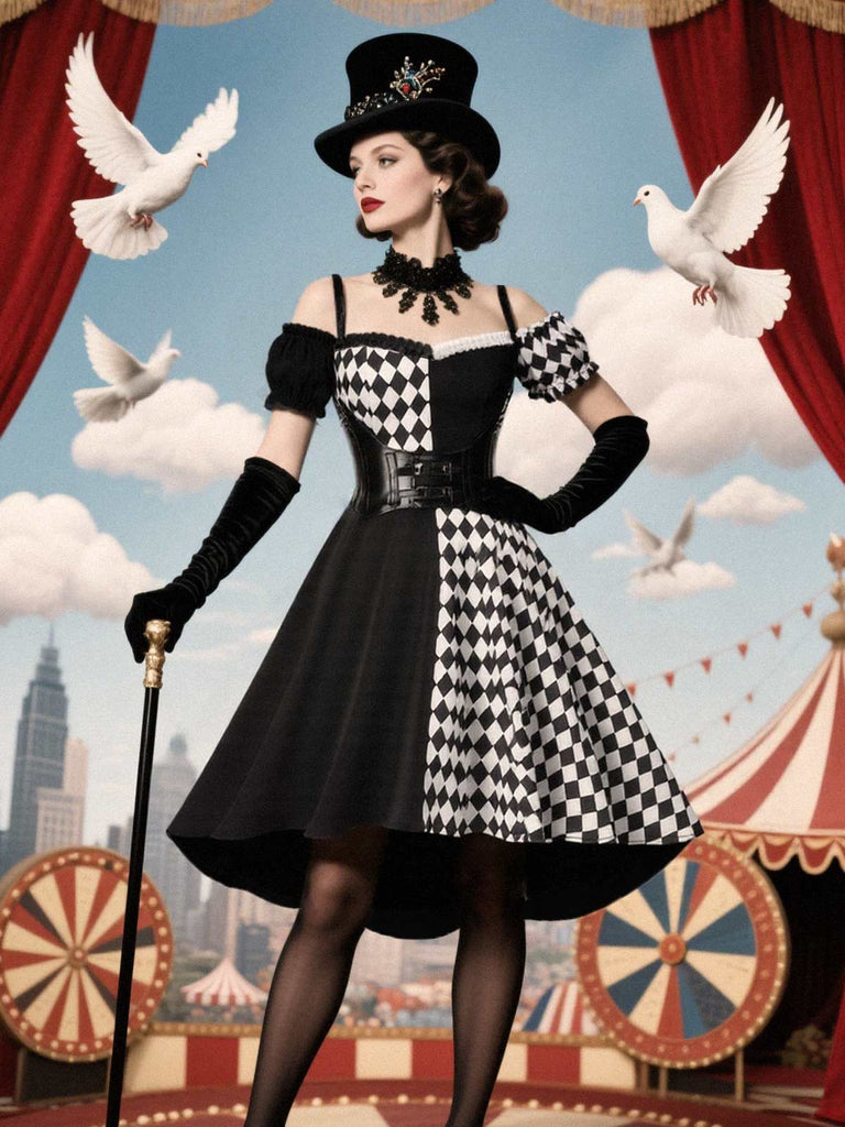 Black 1950s Halloween Harlequin Pattern Dress & Leather Corset | Retro Stage