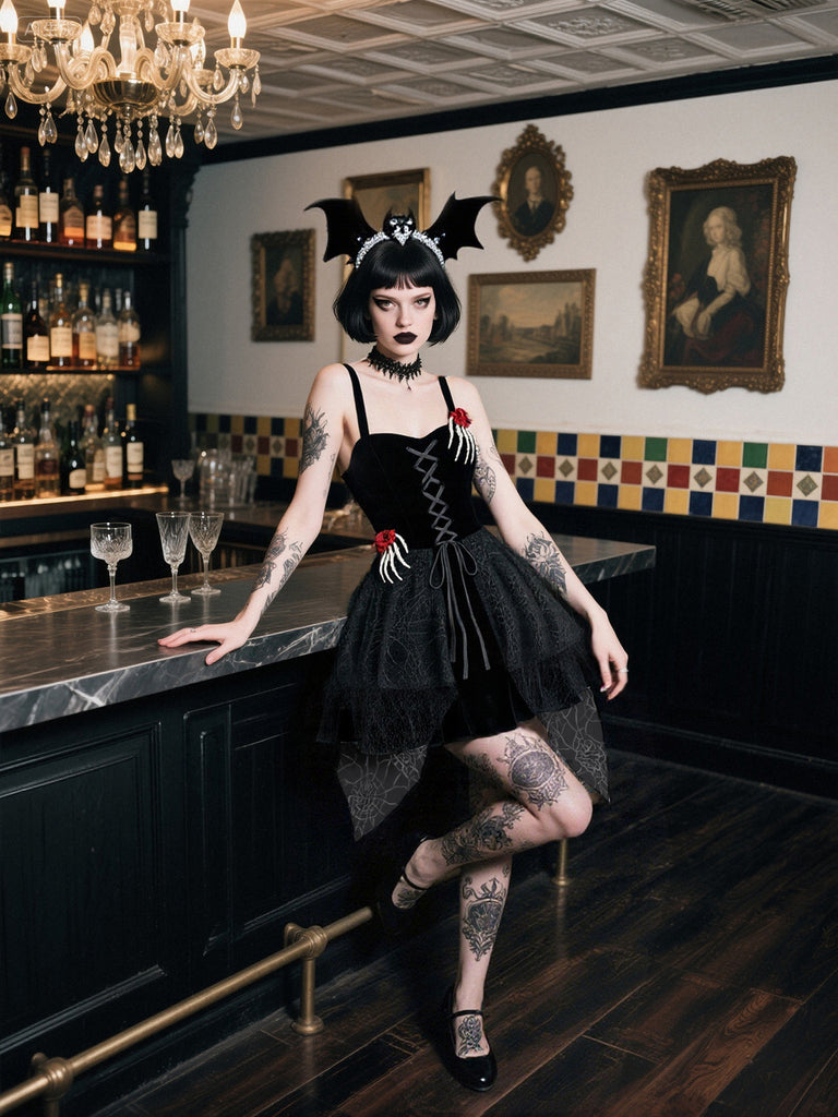 Gothic Halloween Spiderweb Velvet Mini Dress with Skeleton Hands & Corset Lace-Up Gothic Halloween Spiderweb Velvet Mini Dress with Skeleton Hands & Corset Lace-Up