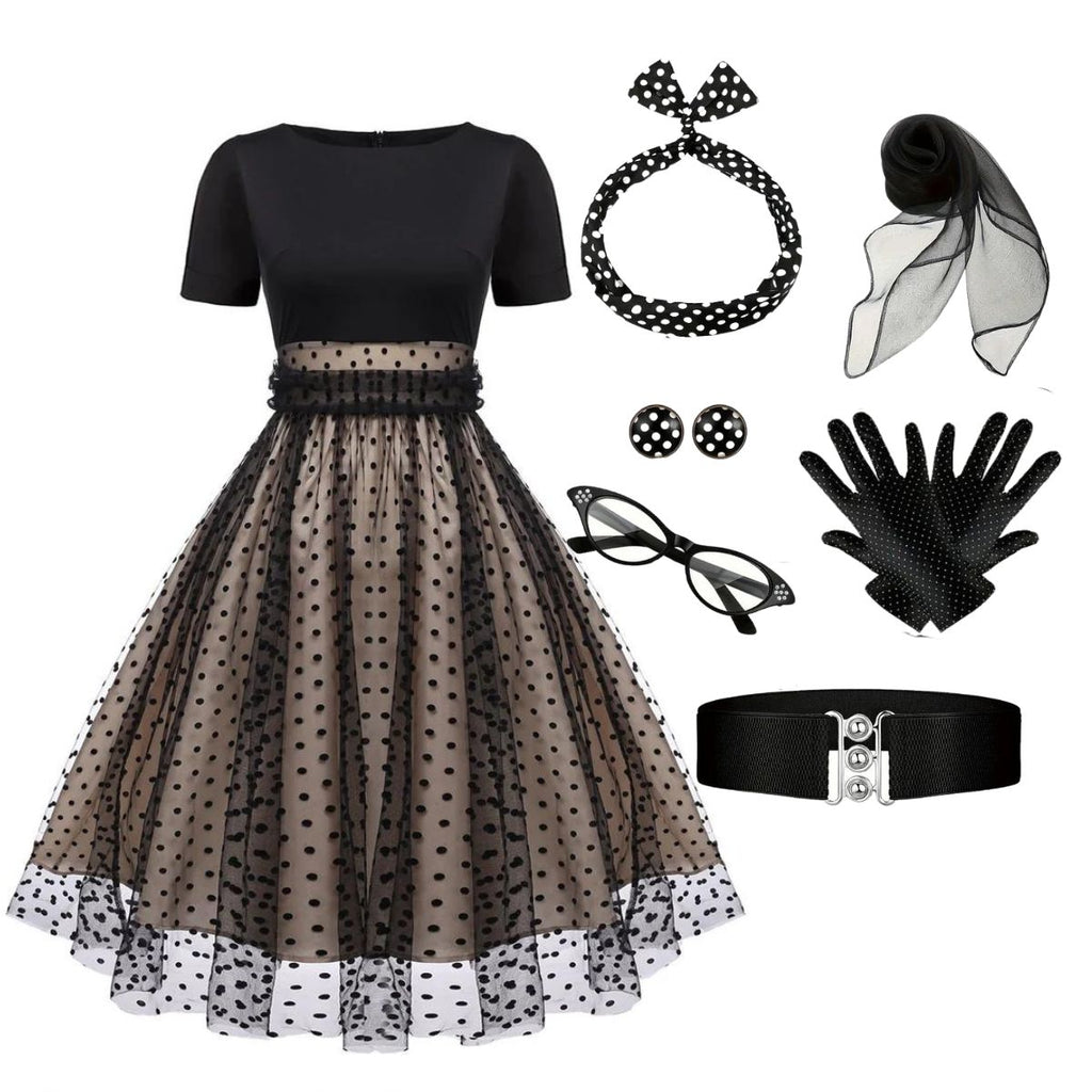 Black 1950s Polka Dot Swing Vintage Dress With Accessories Set | Retro Stage