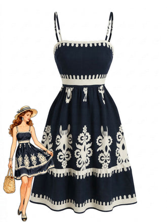 Black 1950s Print Spaghetti Strap Floral Midi Dress - vintage dress, retro fashion, rockabilly