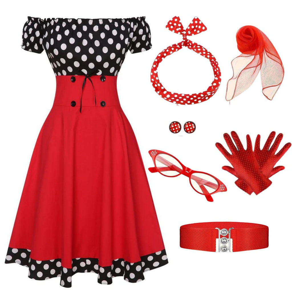 accessories for red and black dress Black & Red 1950s Polka Dots Off Shoulder Dress With Accessories Set