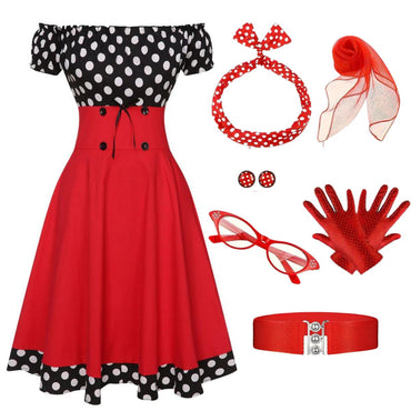 Black & Red 1950s Polka Dots Off Shoulder Dress With Accessories Set - vintage dress, retro fashion, rockabilly