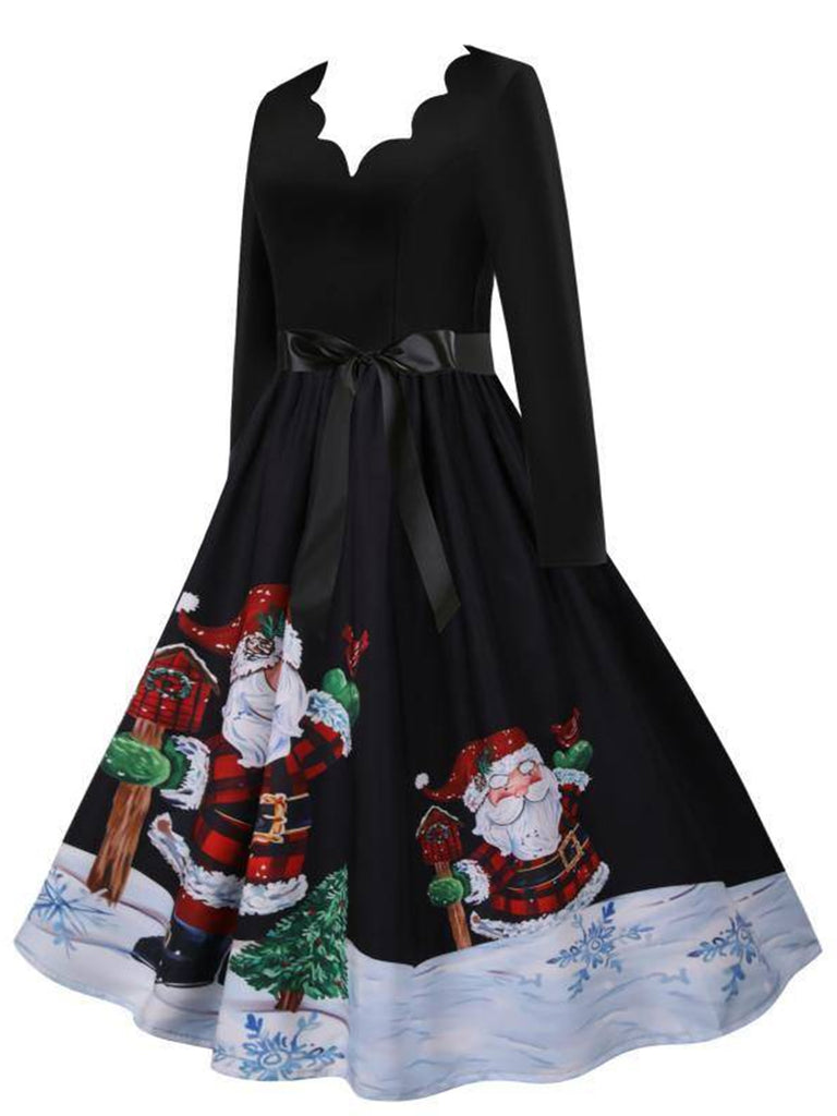 Black 1950s Scalloped Neck Christmas Santa Belted Dress - vintage dress, retro fashion, rockabilly