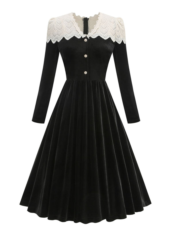 Black 1950s Velvet Knitted Collar Pearl Button Dress