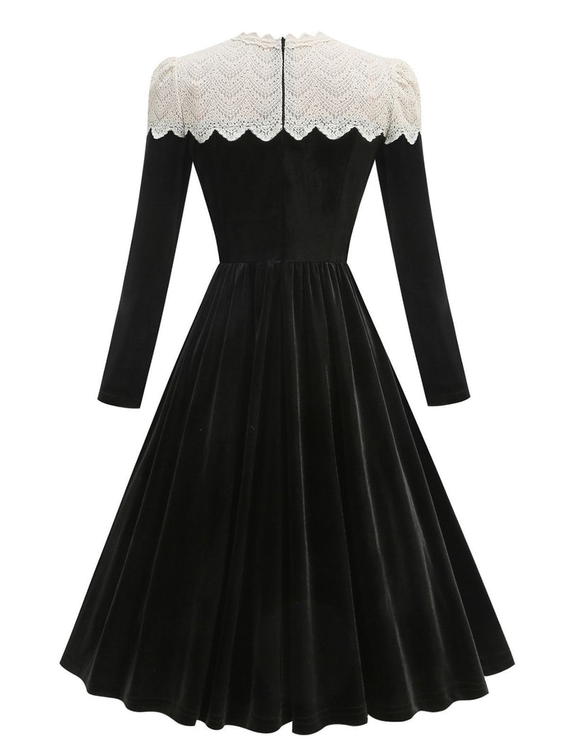 Black 1950s Velvet Knitted Collar Pearl Button Dress