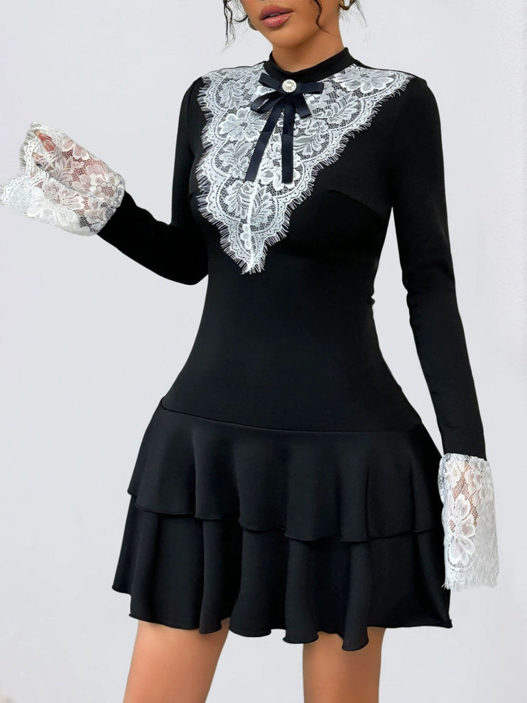 Black & White 1950s Lace Patchwork Bow Long Sleeve Dress - vintage dress, retro fashion, rockabilly
