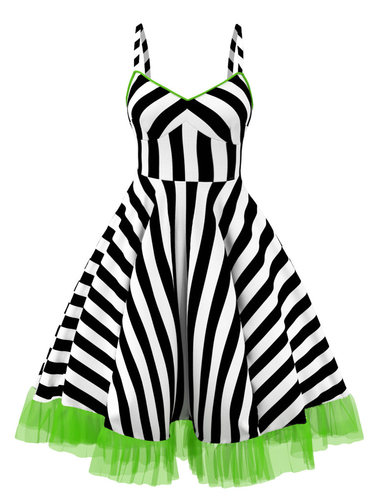 Plus Size Halloween Black & White Striped Fluorescent Green Lace Dress