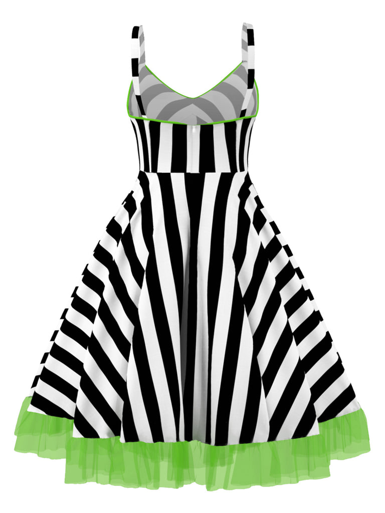 Black&White 1950s Striped Fluorescent Green Lace Dress - vintage dress, retro fashion, rockabilly