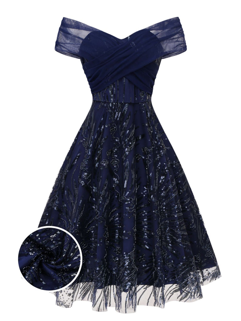 A-Line Navy Blue Sequin Vintage Cocktail Dress | Off-the-Shoulder Criss-Cross Tulle A-Line Gown A-Line Navy Blue Sequin Vintage Cocktail Dress | Off-the-Shoulder Criss-Cross Tulle A-Line Gown