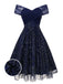 Blue 1950s Off-Shoulder Embroidered Sequin Floral Dress - vintage dress, retro fashion, rockabilly
