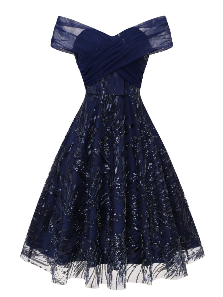 A-Line Navy Blue Sequin Vintage Cocktail Dress | Off-the-Shoulder Criss-Cross Tulle A-Line Gown A-Line Navy Blue Sequin Vintage Cocktail Dress | Off-the-Shoulder Criss-Cross Tulle A-Line Gown