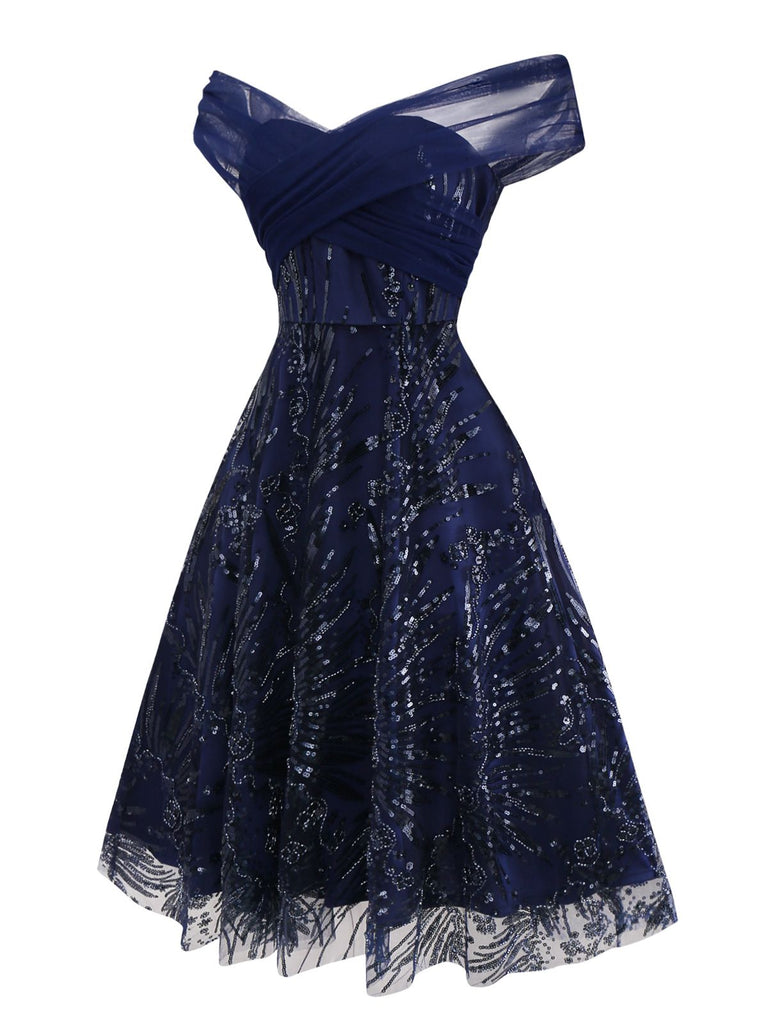 Pre-Sale] Blue 1950s Off-Shoulder Embroidered Sequin Floral Dress | Retro  Stage