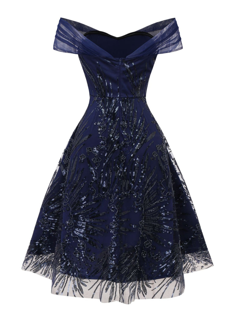 princess polly baby blue dress Pre-Sale] Blue 1950s Off-Shoulder Embroidered Sequin Floral Dress