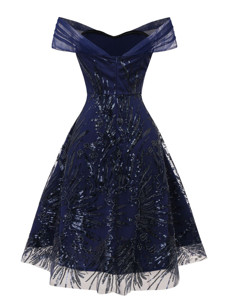 Pre-Sale] Blue 1950s Off-Shoulder Embroidered Sequin Floral Dress