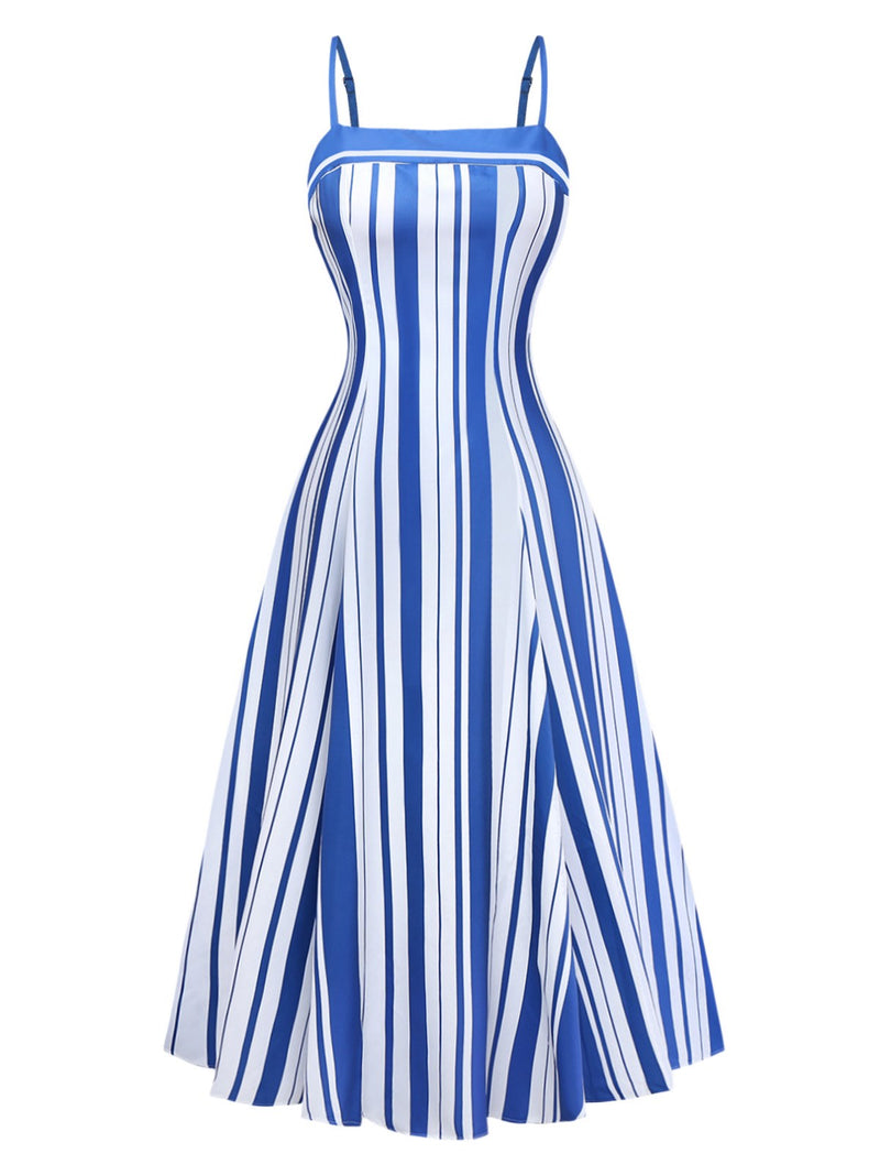 Blue & White 1950s Stripe Spaghetti Strap Midi Dress | Retro Stage Blue & White 1950s Stripe Spaghetti Strap Midi Dress | Retro Stage