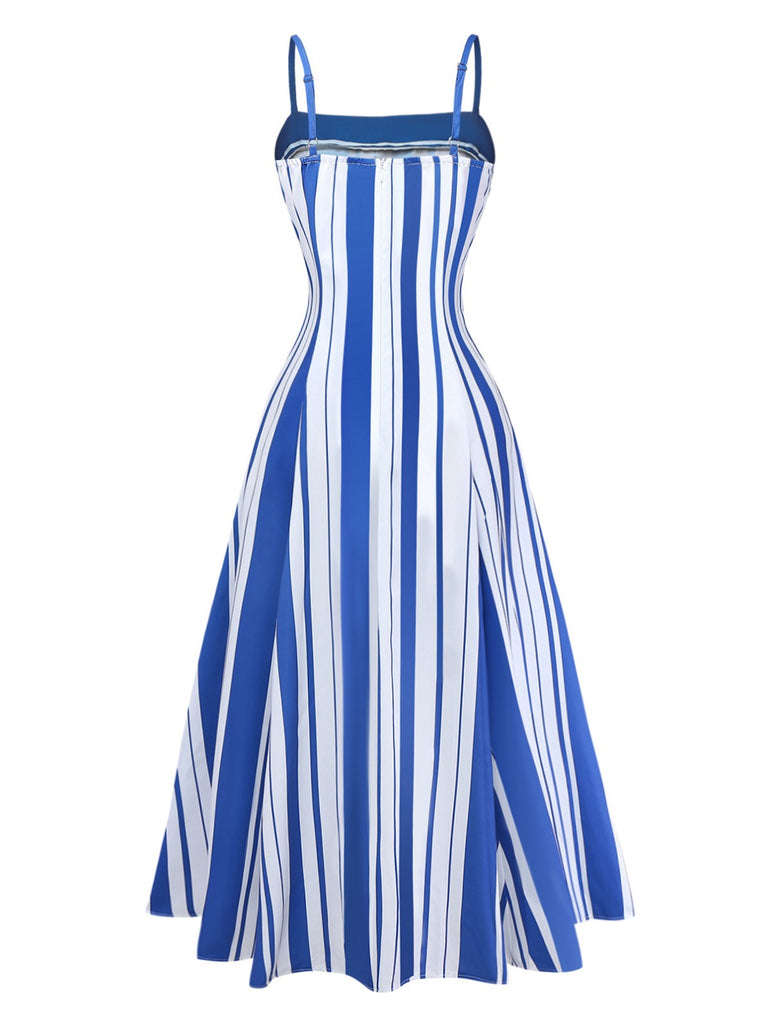 striped dress blue white Blue & White 1950s Stripe Spaghetti Strap Midi Dress