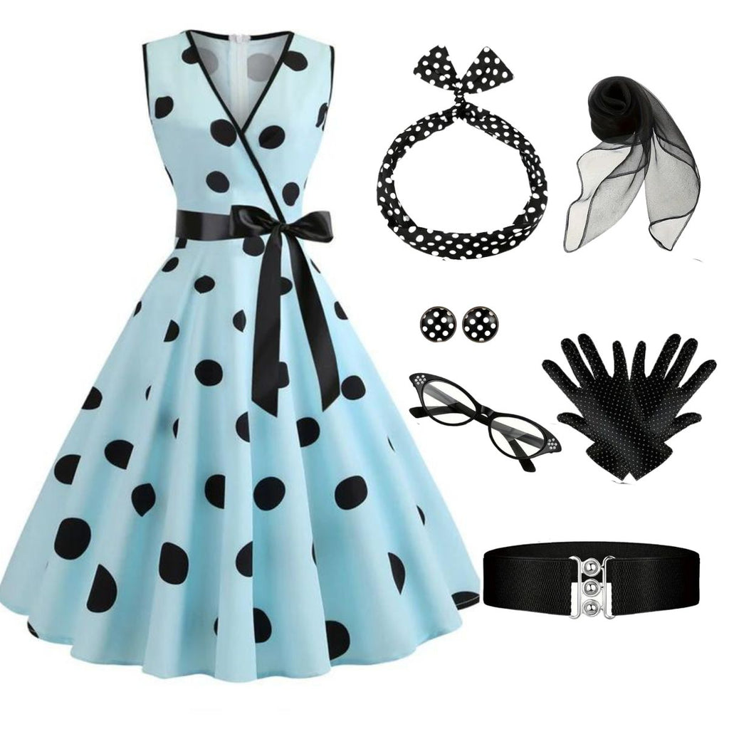 1950s Bow Polka Dot Swing Dress With Accessories Set - vintage dress, retro fashion, rockabilly