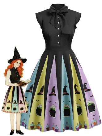 1950s Bowknot Halloween Witch Hat Potion Swing Dress - vintage dress, retro fashion, rockabilly
