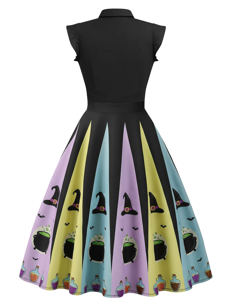 Halloween Witch Print Swing Dress | Black Bow Collar Sleeveless Vintage 50s Party Dress Halloween Witch Print Swing Dress | Black Bow Collar Sleeveless Vintage 50s Party Dress