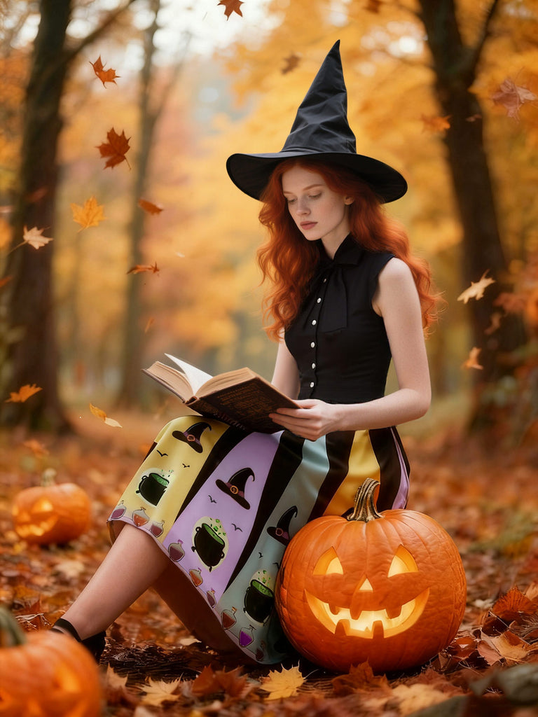 1950s Bowknot Halloween Witch Hat Potion Swing Dress - vintage dress, retro fashion, rockabilly