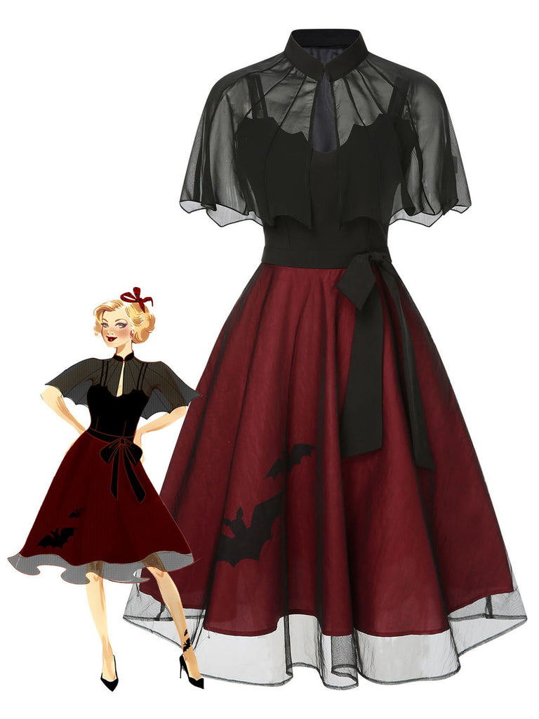 Halloween Vampire Bat Wing Dress | Black & Burgundy High Collar Sheer Capelet A-Line Midi Halloween Vampire Bat Wing Dress | Black & Burgundy High Collar Sheer Capelet A-Line Midi