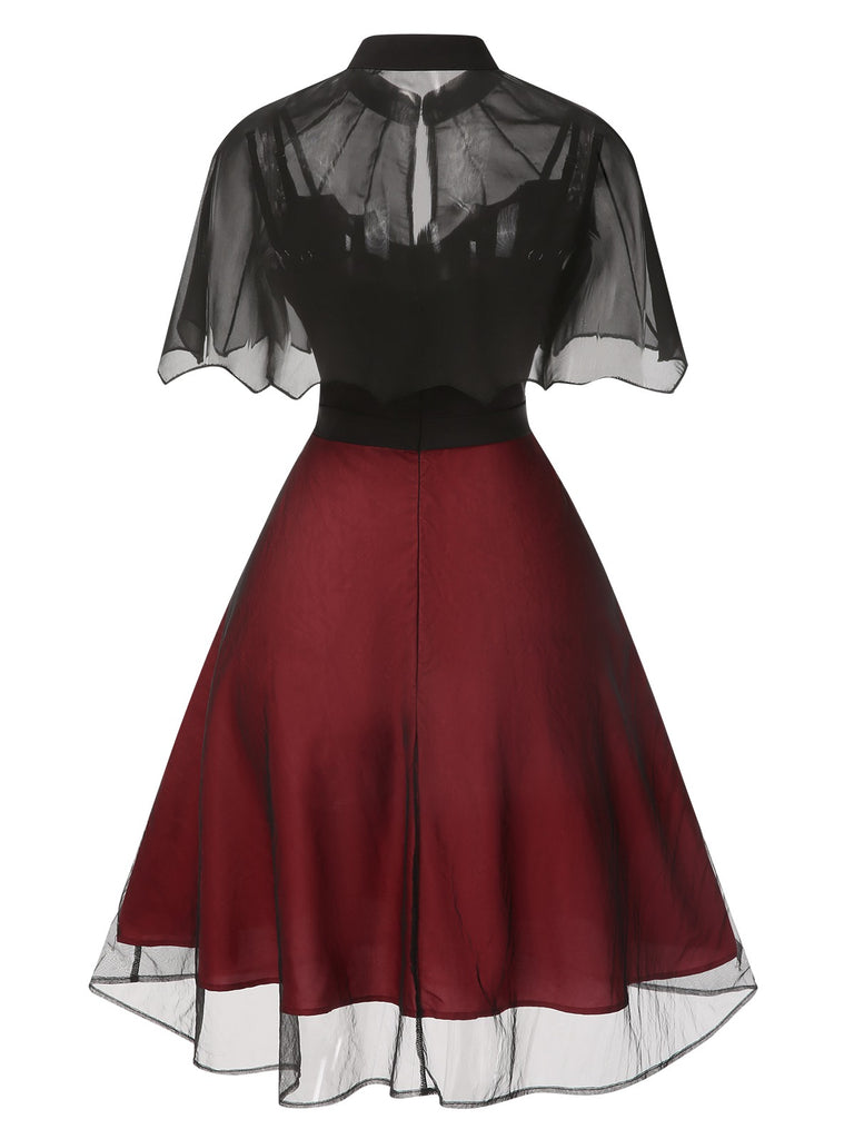 2PCS Black 1950s Halloween Bat Mesh Dress & Sheer Cape - vintage dress, retro fashion, rockabilly