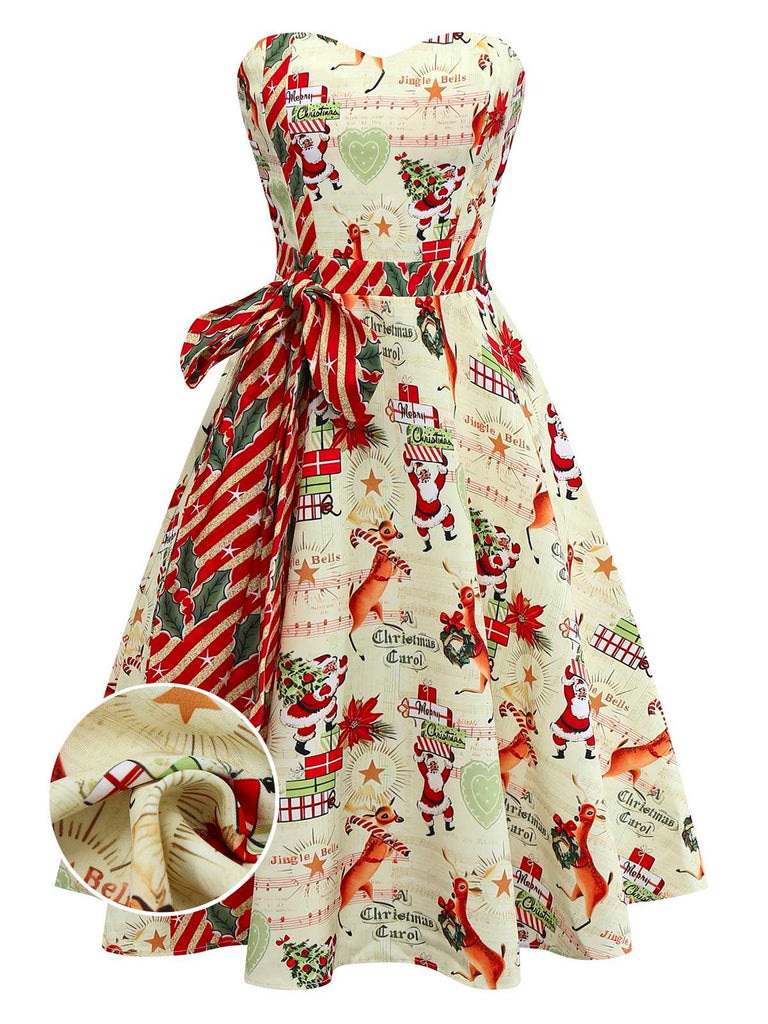 Retro Stage 1950s Christmas Swing Dress | Santa & Reindeer Print Strapless Holiday Dress Retro Stage 1950s Christmas Swing Dress | Santa & Reindeer Print Strapless Holiday Dress