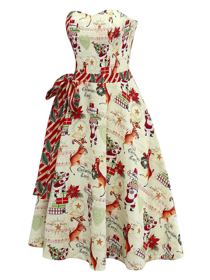 1950s Christmas Candy Cane Santa Bow Strapless Dress