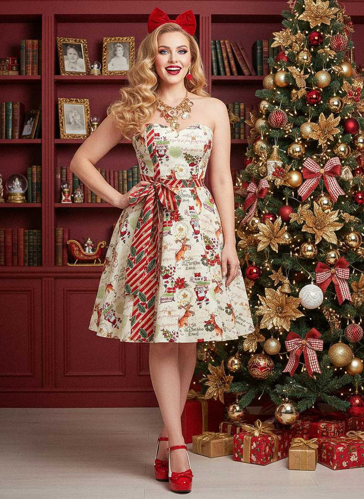 1950s Christmas Candy Cane Santa Bow Strapless Dress - vintage dress, retro fashion, rockabilly