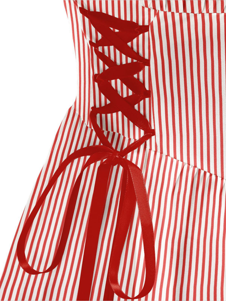 1950s Christmas Candy Cane Striped Lace-Up Holiday Dress - vintage dress, retro fashion, rockabilly