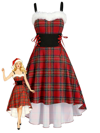 1950s Christmas Tartan Fur Trimmed High-Low Hem Dress - vintage dress, retro fashion, rockabilly