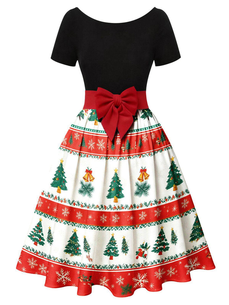 1950s Christmas Tree Patchwork Bow Belted Swing Dress | Retro Stage 1950s Christmas Tree Patchwork Bow Belted Swing Dress | Retro Stage