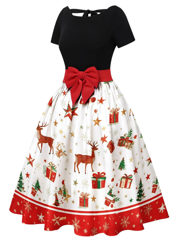1950s Christmas Tree Patchwork Bow Belted Swing Dress