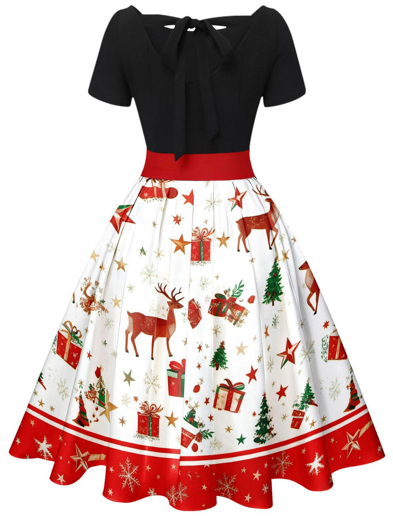 1950s Christmas Tree Patchwork Bow Belted Swing Dress