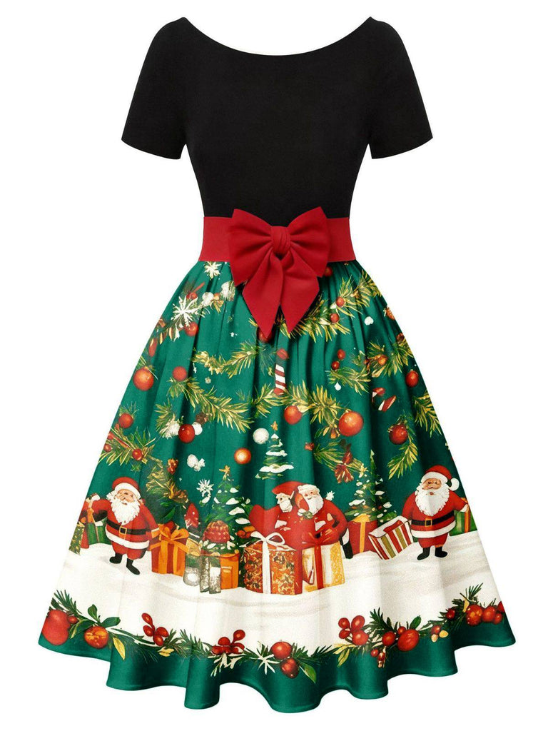 1950s Christmas Tree Patchwork Bow Belted Swing Dress