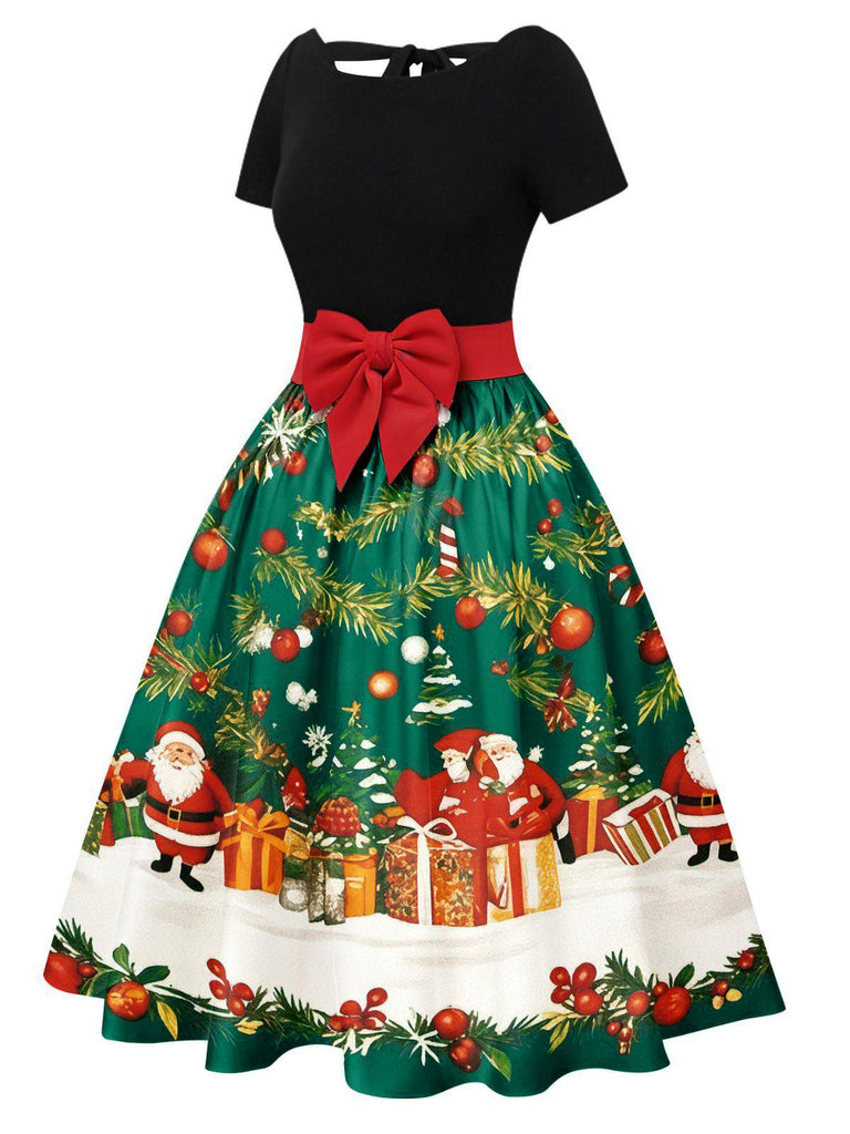1950s Christmas Tree Patchwork Bow Belted Swing Dress | Retro Stage 1950s Christmas Tree Patchwork Bow Belted Swing Dress | Retro Stage