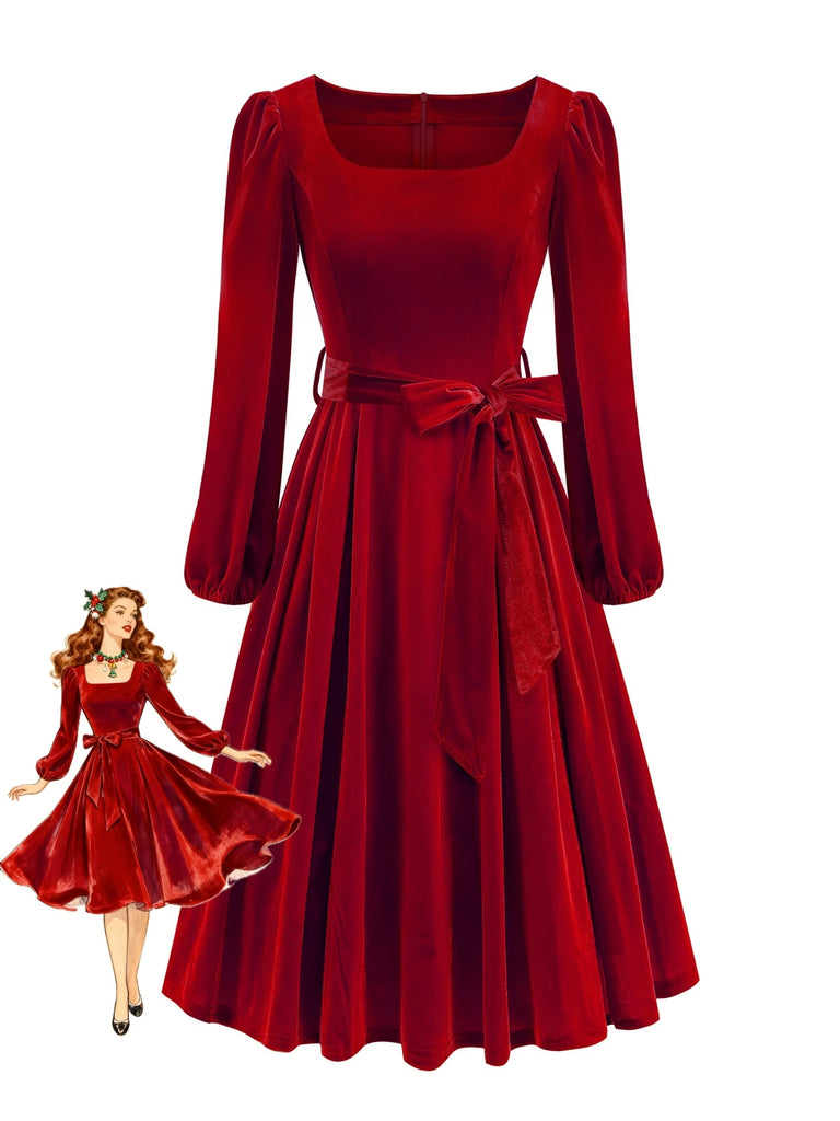 1950s red dress long sleeve Classic Dress 1950s Long Sleeve Dress 1950s Vintage A-Line Dress 3/4 Sleeve Round Neck Flared Skirt *-Length Solid Color For Work, Cocktail Party Daily Wear, Workwear Fashion,
