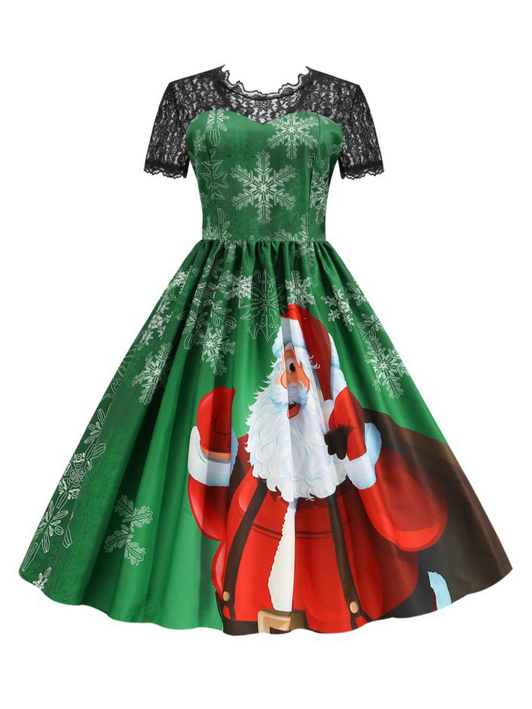 Green 1950s Christmas Santa Claus Lace Patchwork Dress - vintage dress, retro fashion, rockabilly