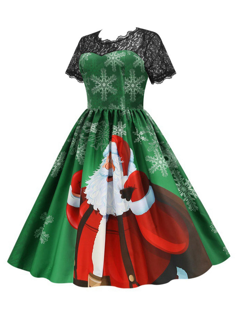 Green 1950s Christmas Santa Claus Lace Patchwork Dress - vintage dress, retro fashion, rockabilly