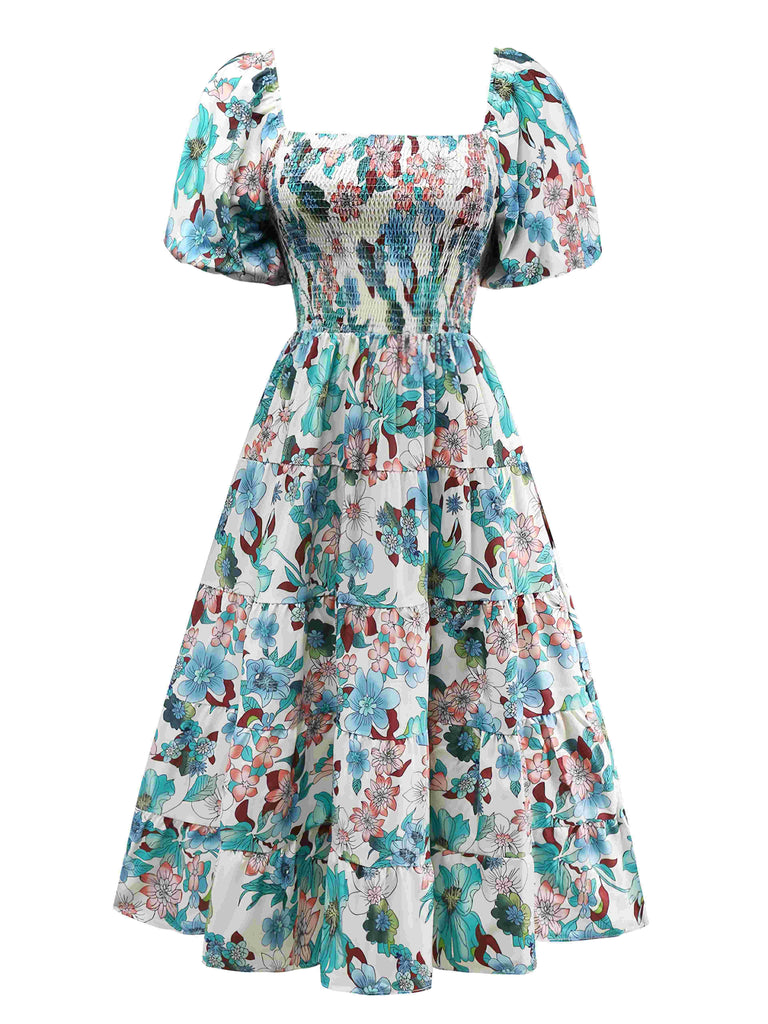 Green 1950s Floral Off-Shoulder Lantern Sleeve Bardot Dress - vintage dress, retro fashion, rockabilly
