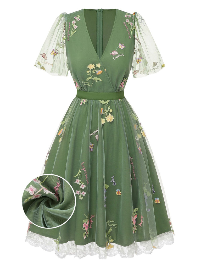 Retro Stage 1950s Green Embroidered Tulle Midi Dress | V-Neck Puff Sleeve Floral Butterfly, Green / S / 2 Retro Stage 1950s Green Embroidered Tulle Midi Dress | V-Neck Puff Sleeve Floral Butterfly, Green / S / 2