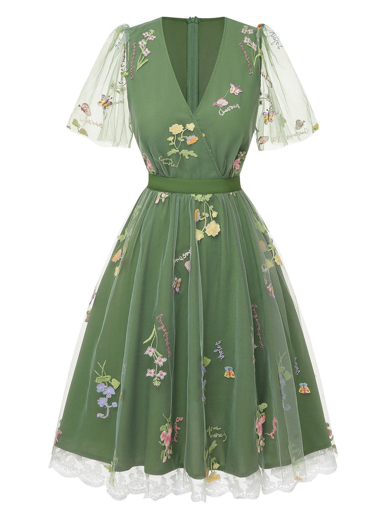 Retro Stage 1950s Green Embroidered Tulle Midi Dress | V-Neck Puff Sleeve Floral Butterfly, Green / S / 2 Retro Stage 1950s Green Embroidered Tulle Midi Dress | V-Neck Puff Sleeve Floral Butterfly, Green / S / 2